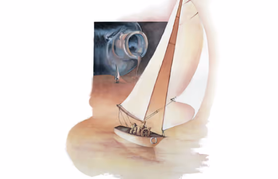 Sailboat with white sails floating on calm water, with a large tipped-over bottle pouring water in the background.