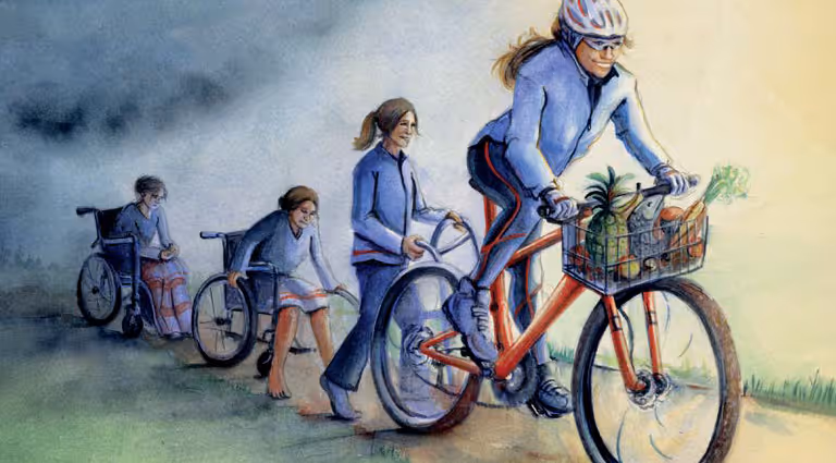 Illustration showing a person’s progression from using a wheelchair to walking and finally riding a bicycle with a basket full of groceries.