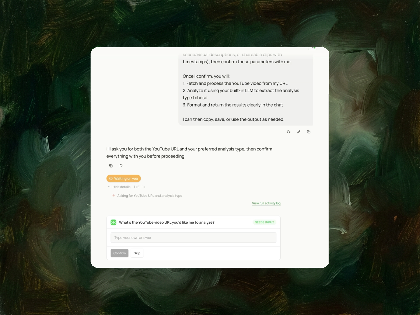 Summarize a YouTube video — or transcribe it, timestamp it, or describe what's on screen