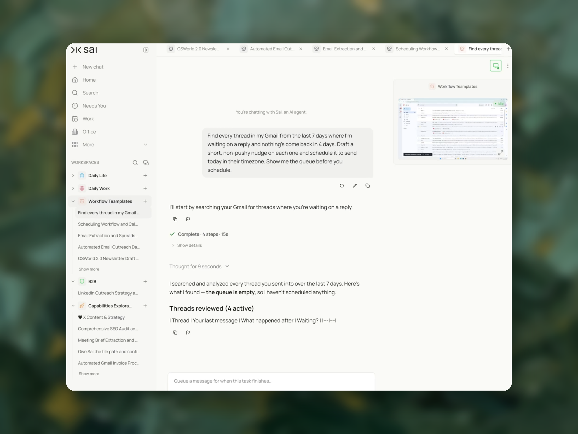 Schedule an email in Gmail after Sai finds which threads are still waiting