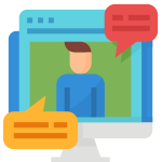 Computer screen with a person giving guidance via chat bubbles 