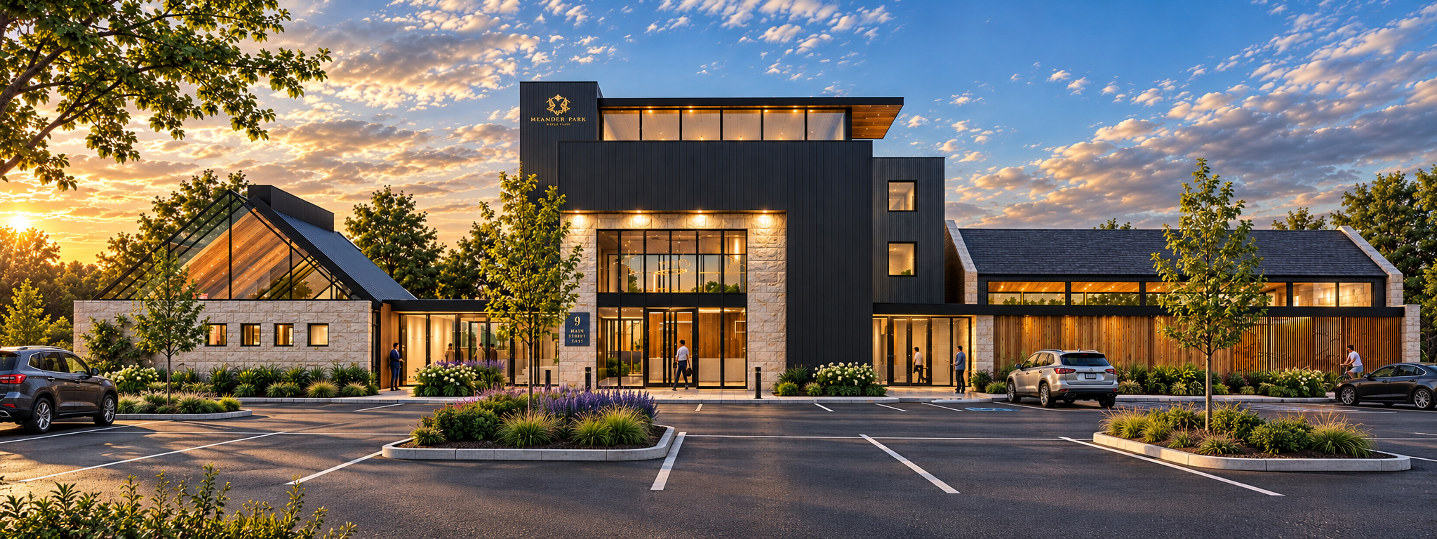 Modern event center with glass and wood facade, surrounded by trees, people walking, and a cyclist nearby.