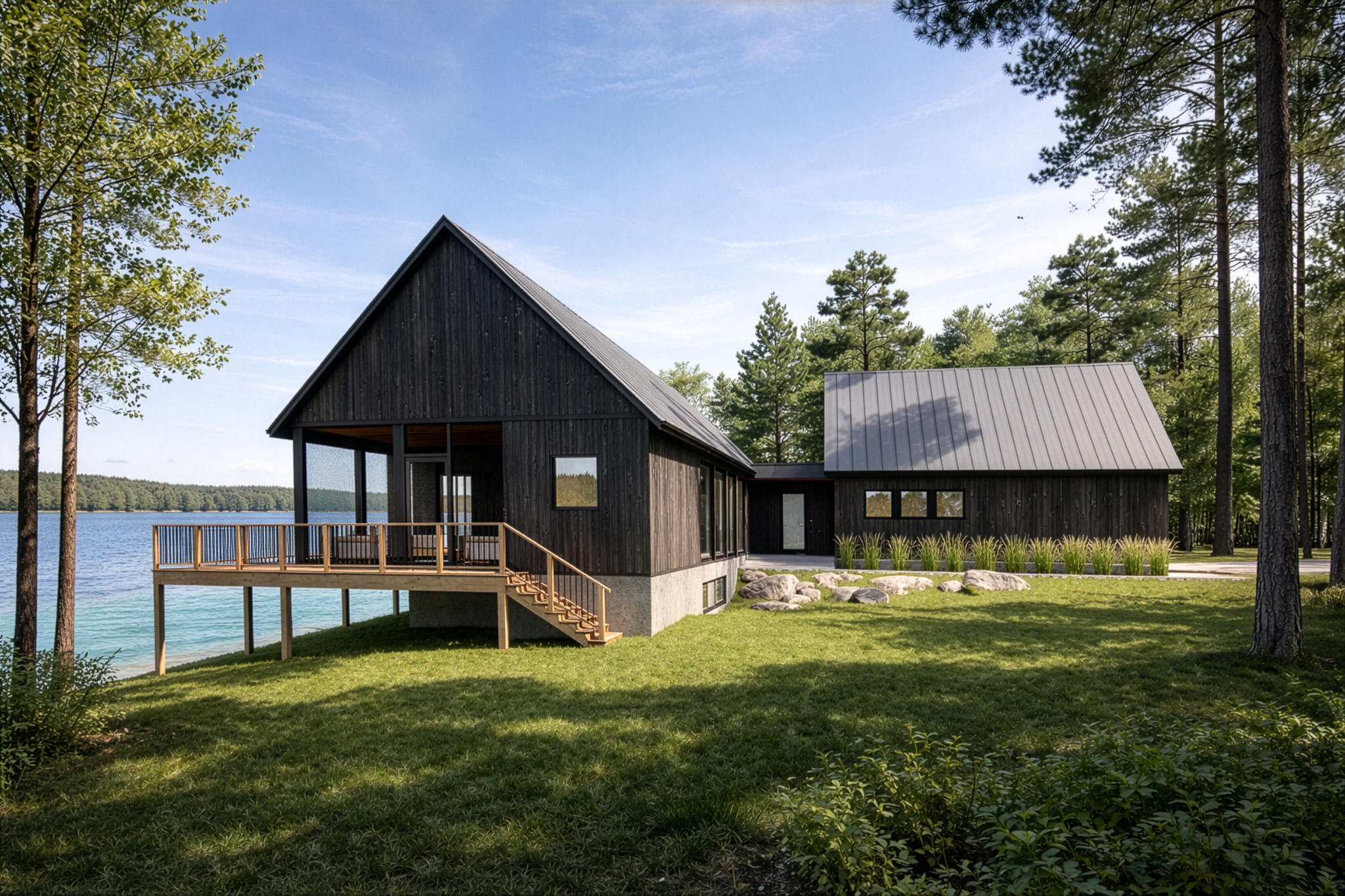 Modern Scandinavian-style lakeside house with dark wooden siding, large windows, and a raised porch overlooking the water.