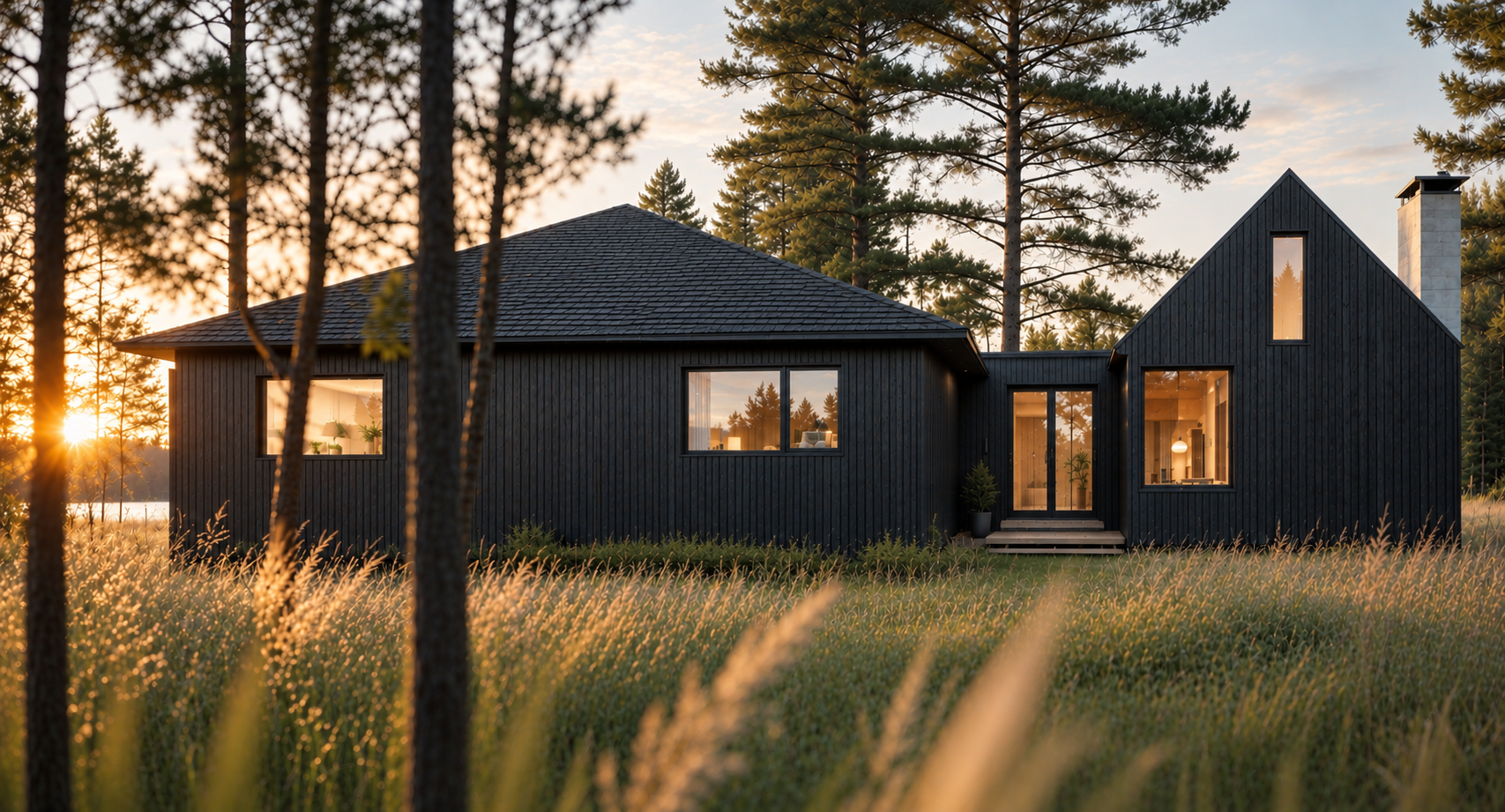 Modern black house surrounded by tall grass and pine trees at sunset.