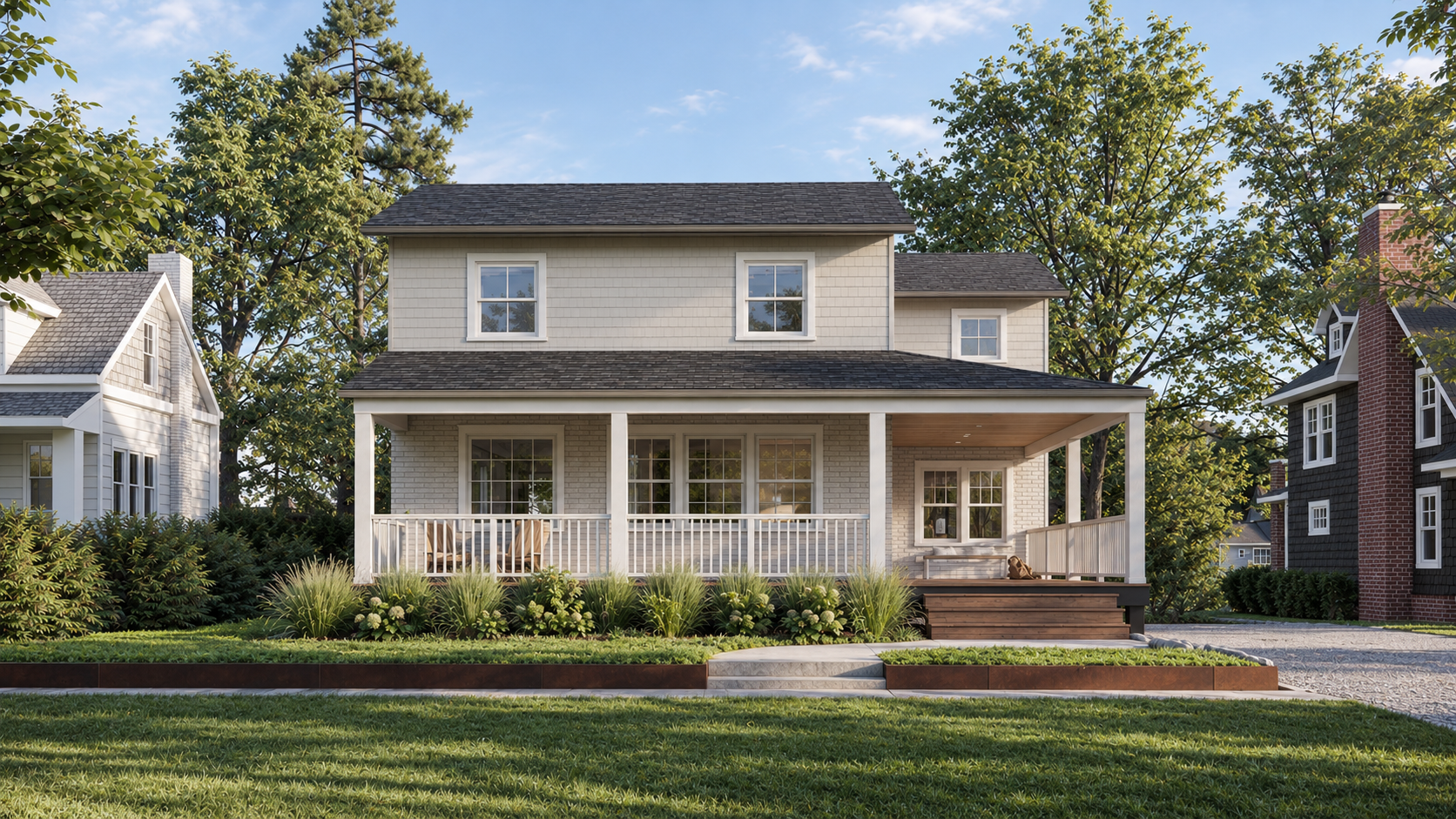 Gray two-story house with front porch, white railing, and landscaped bushes in a suburban neighborhood.