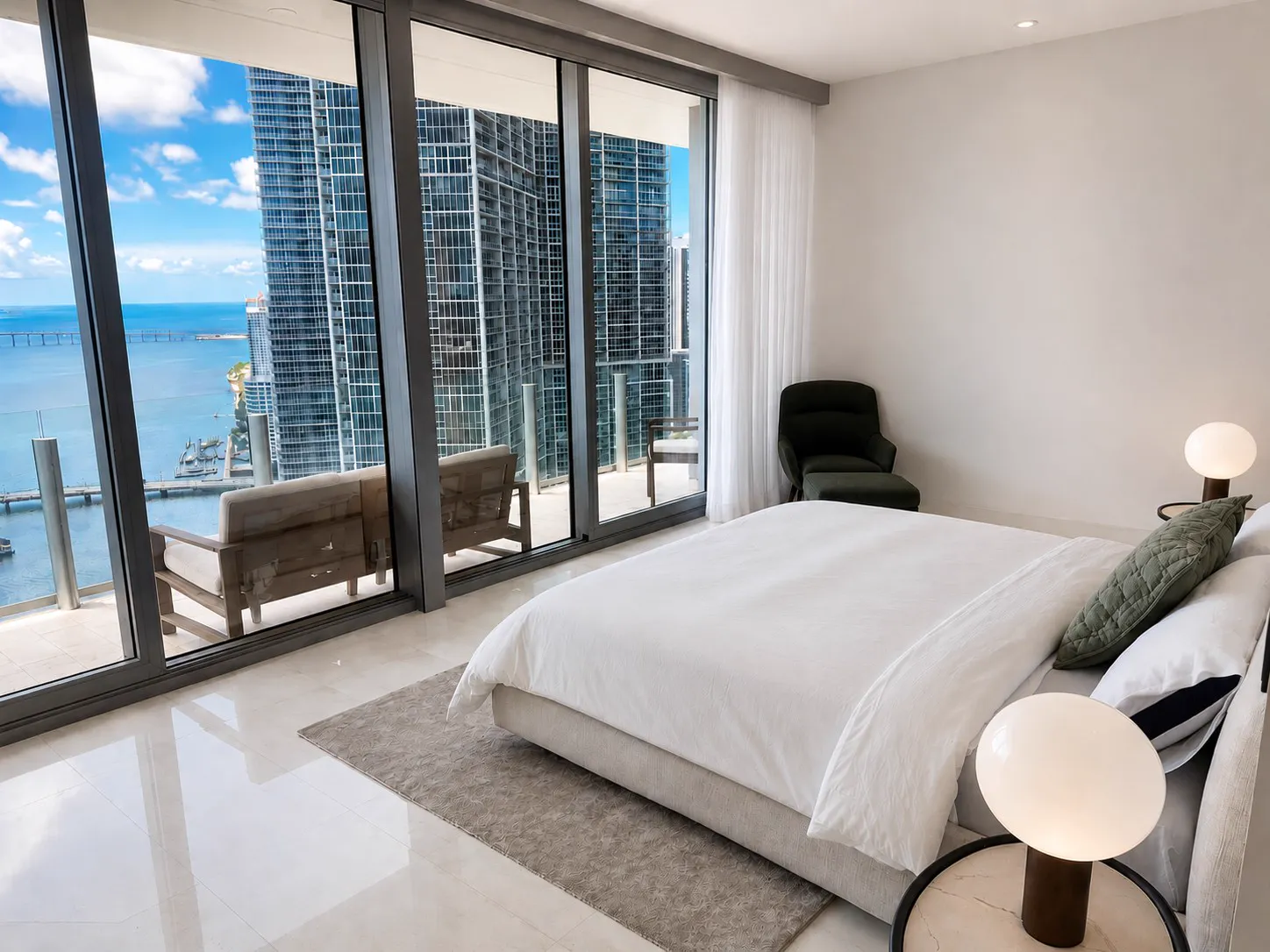 Bedroom with private balcony and bay views — Residence 3201