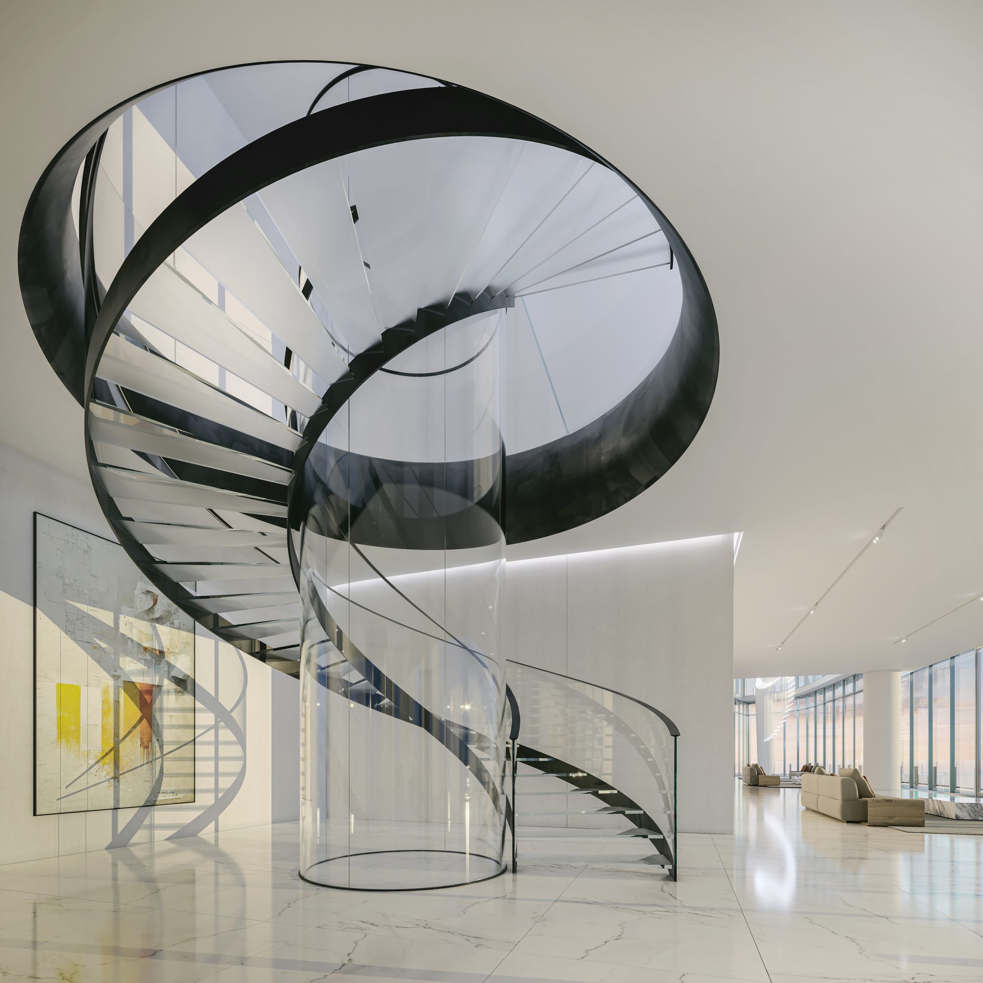 Sculptural staircase connecting the three levels — Residence 6301