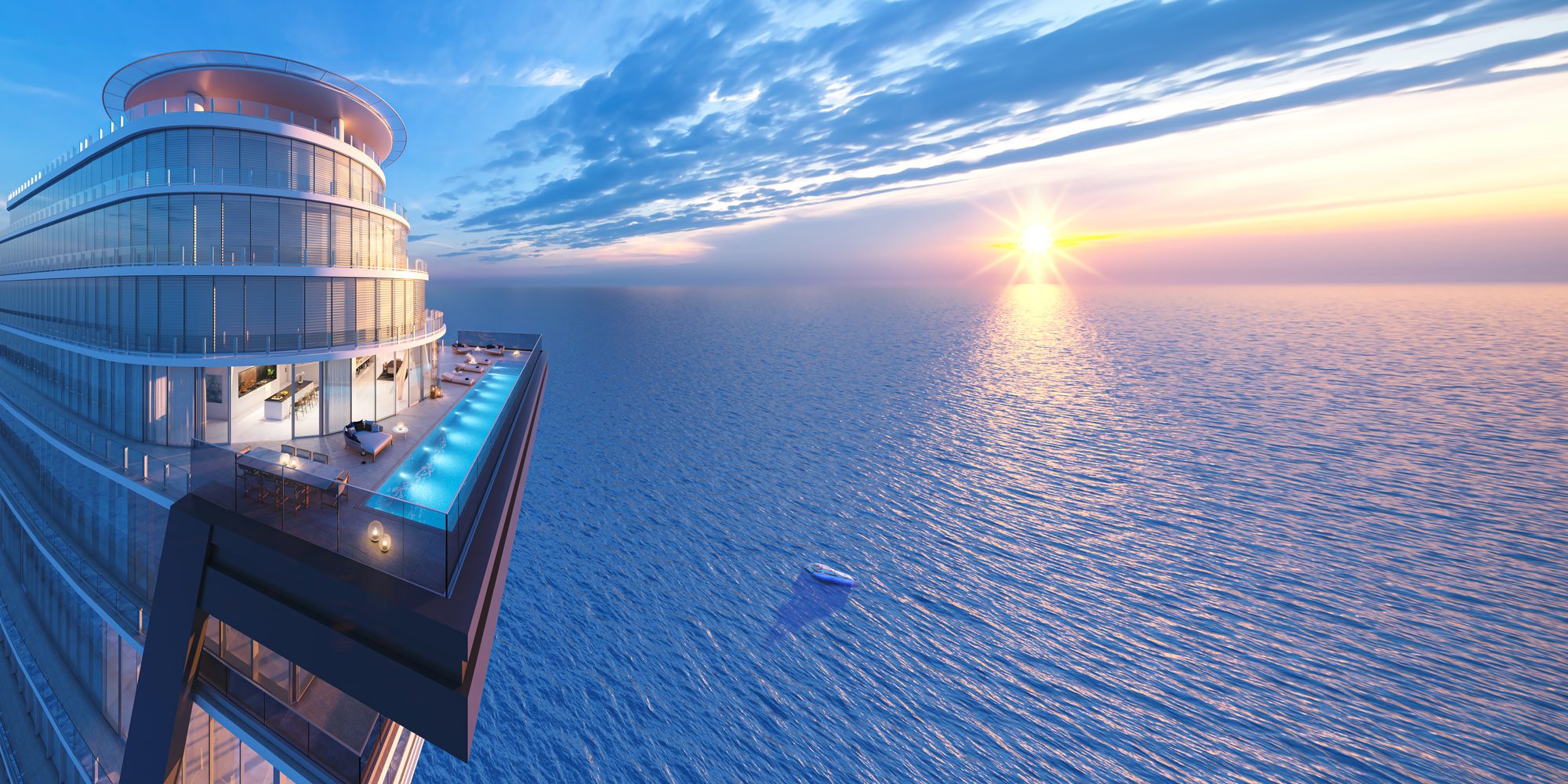 Private rooftop pool on Level 65 at sunrise — Residence 6301