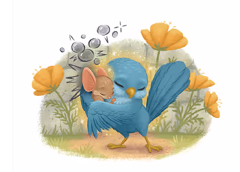 Illustration of Mouse receiving a comforting hug from a bird friend