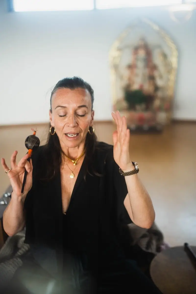 Beáta Alföldi guiding a shamanic journey, embodying sacred wisdom and ritual in a grounded, heart-centred way.