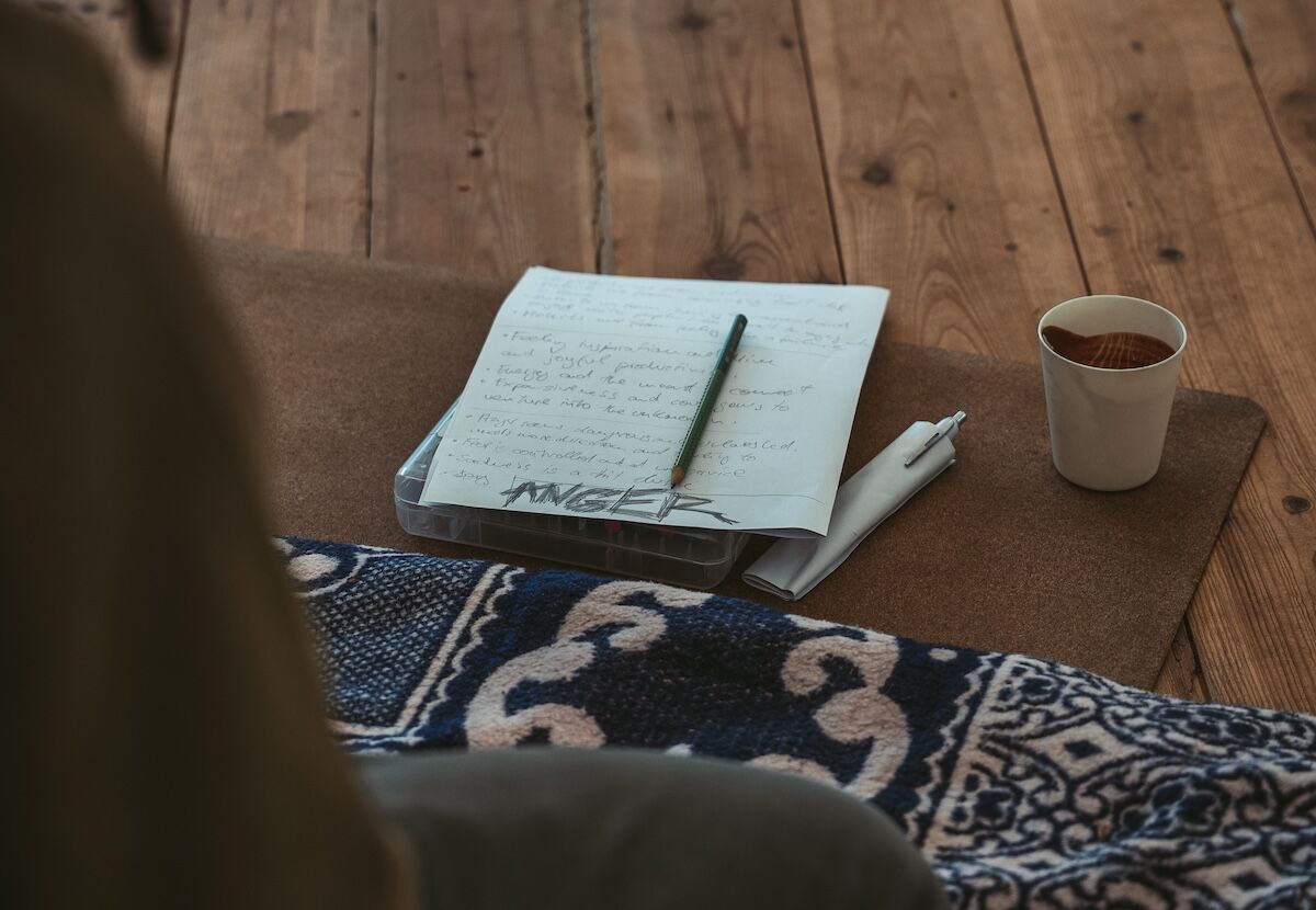 A handwritten page titled Anger rests on a mat beside a cup of cacao at The Return of Men retreat, 2025.