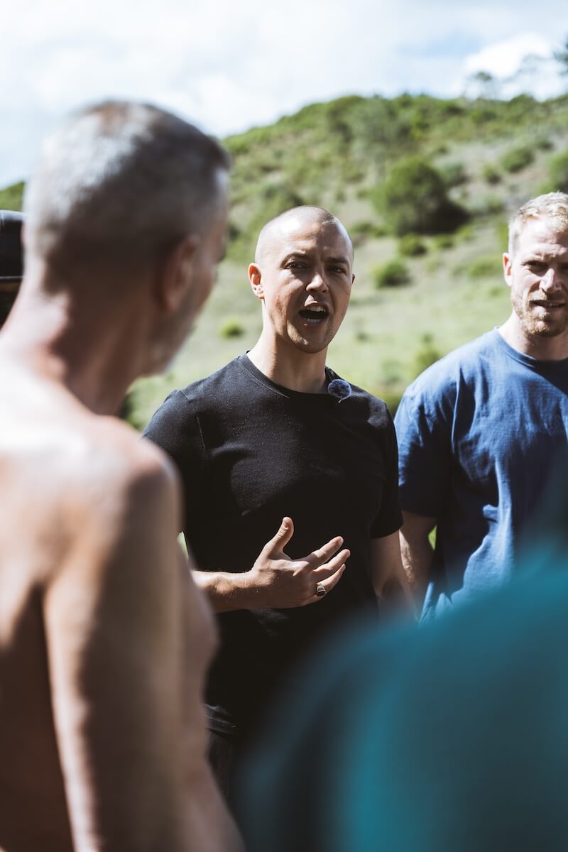 Martin Thomsen instructs the men on the hillside at The Return of Men retreat, Arrábida, May 2026.
