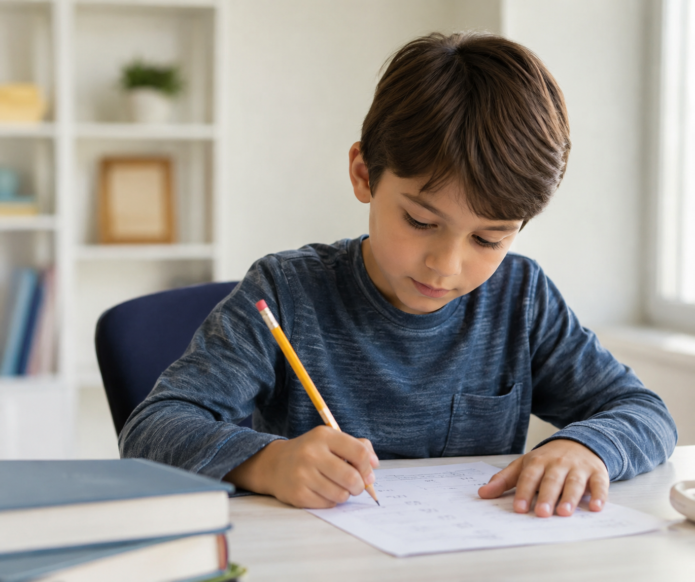 Child practising handwriting with a pencil on a paper worksheet.