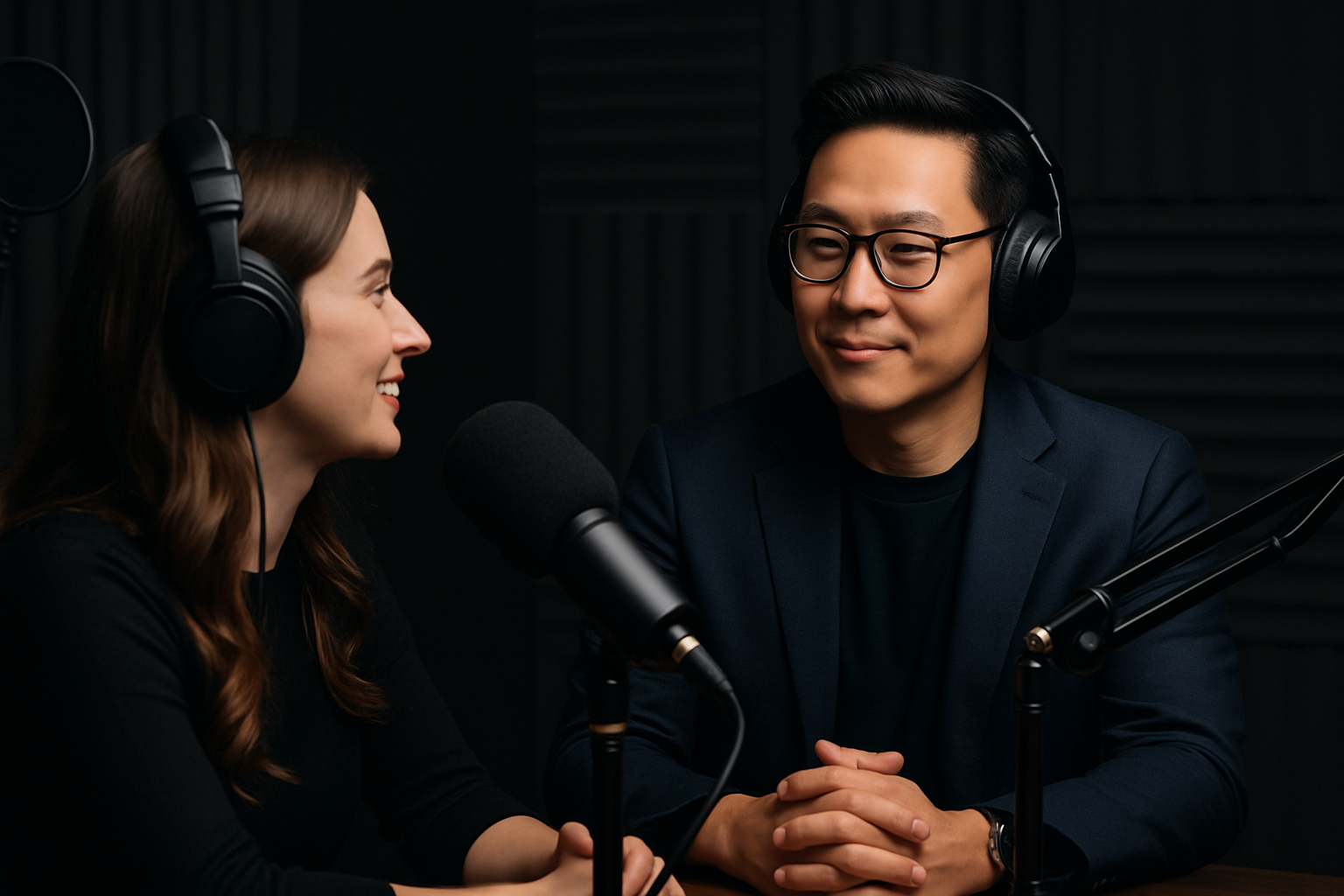 Two people talking in Bangkok Podcast Studio