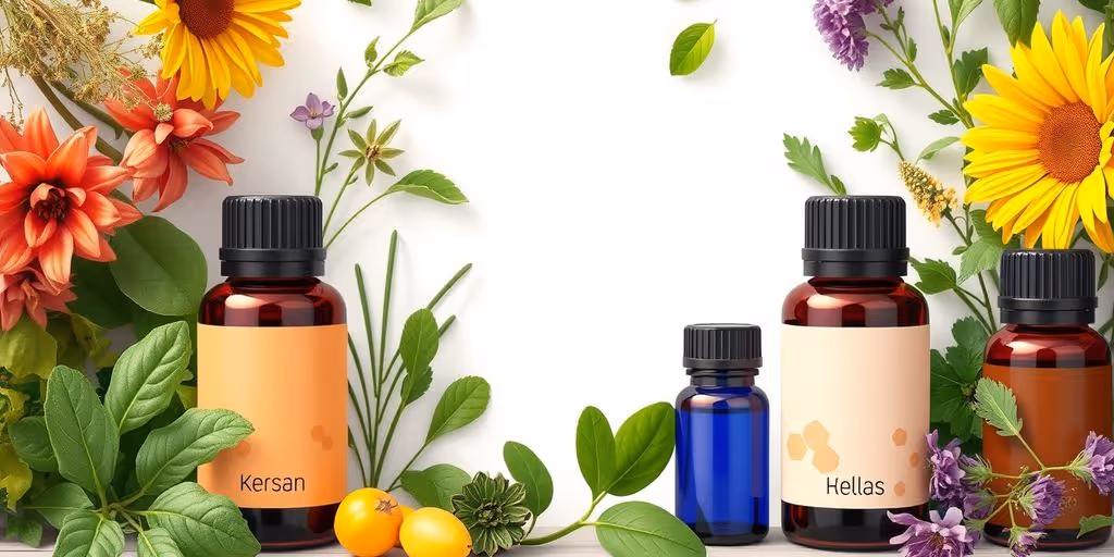 Bouteilles d'huiles essentielles et herbes fraîches.