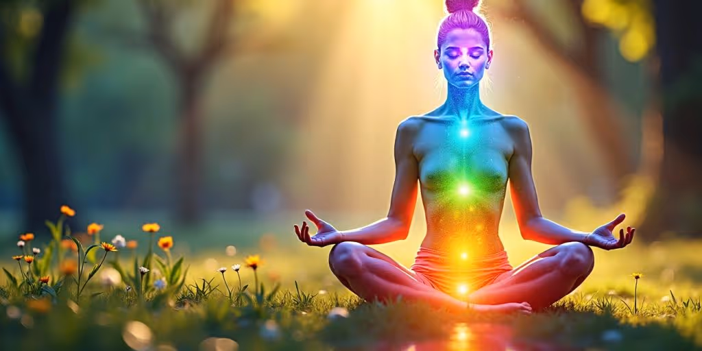 Personne méditant avec des chakras colorés autour.