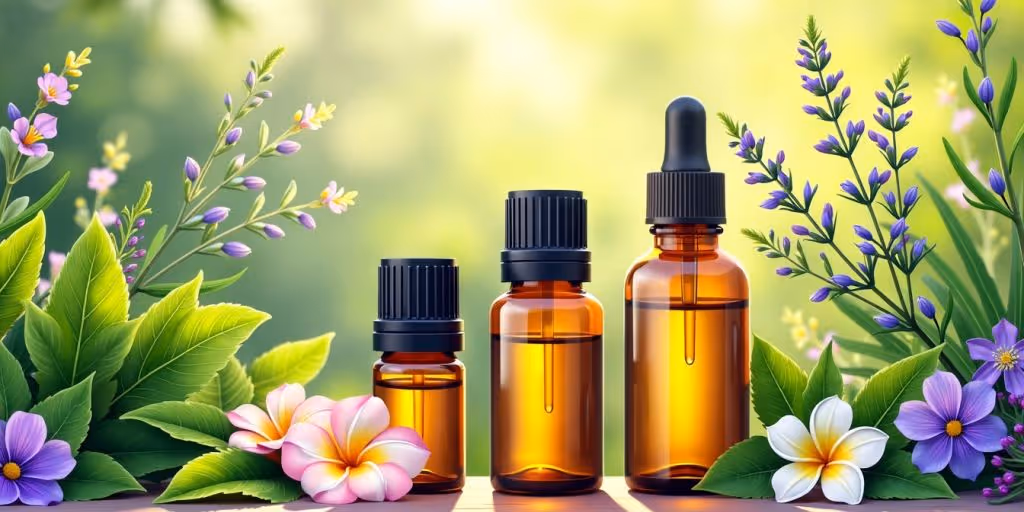 Bouteilles d'huiles essentielles avec des herbes et des fleurs.
