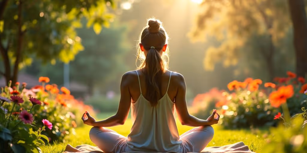 Personne méditant dans un jardin luxuriant.