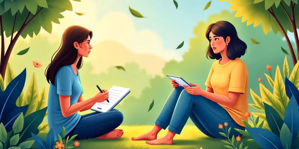 Illustration d'un thérapeute et d'un patient en nature.