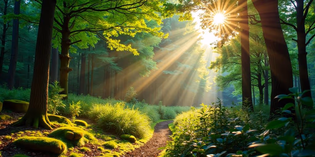 Forêt paisible avec lumière filtrant à travers les arbres.