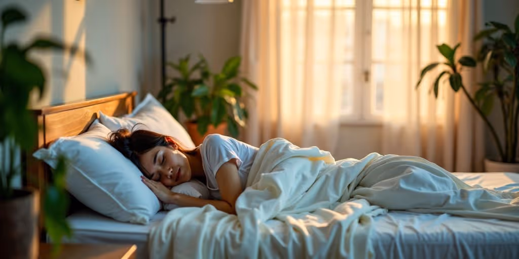 Personne dormant paisiblement dans une chambre lumineuse.