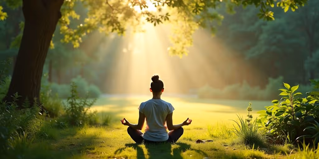 Personne méditant en pleine nature, entourée de verdure.