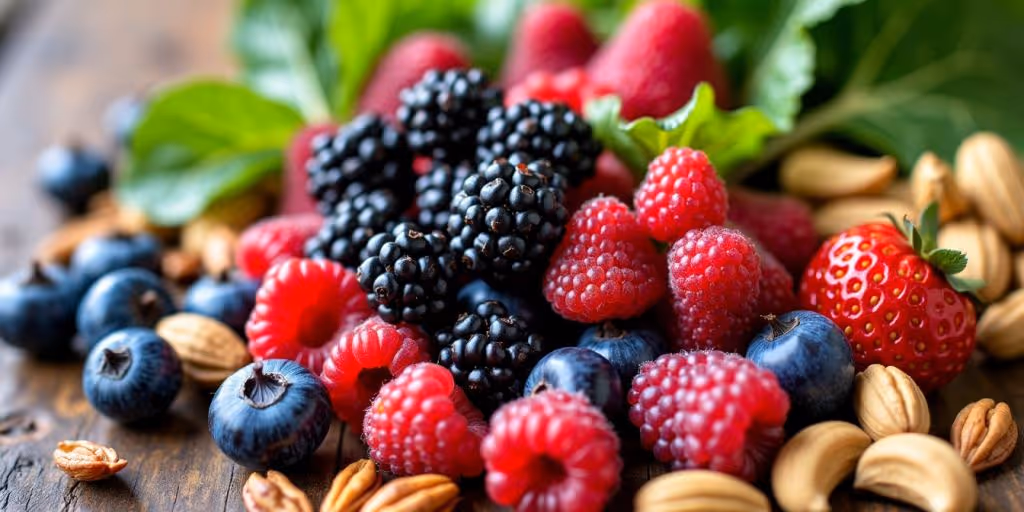 Aliments riches en antioxydants sur une table en bois.