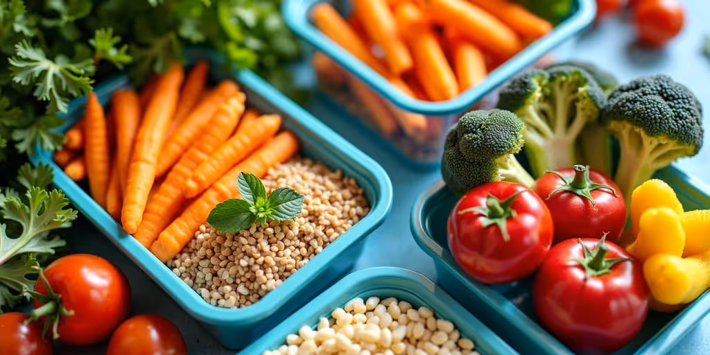 Plan de repas sain avec fruits et légumes colorés.