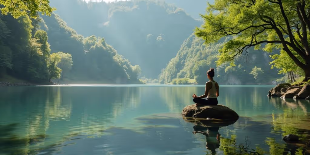 Person méditant au bord d'un lac paisible.