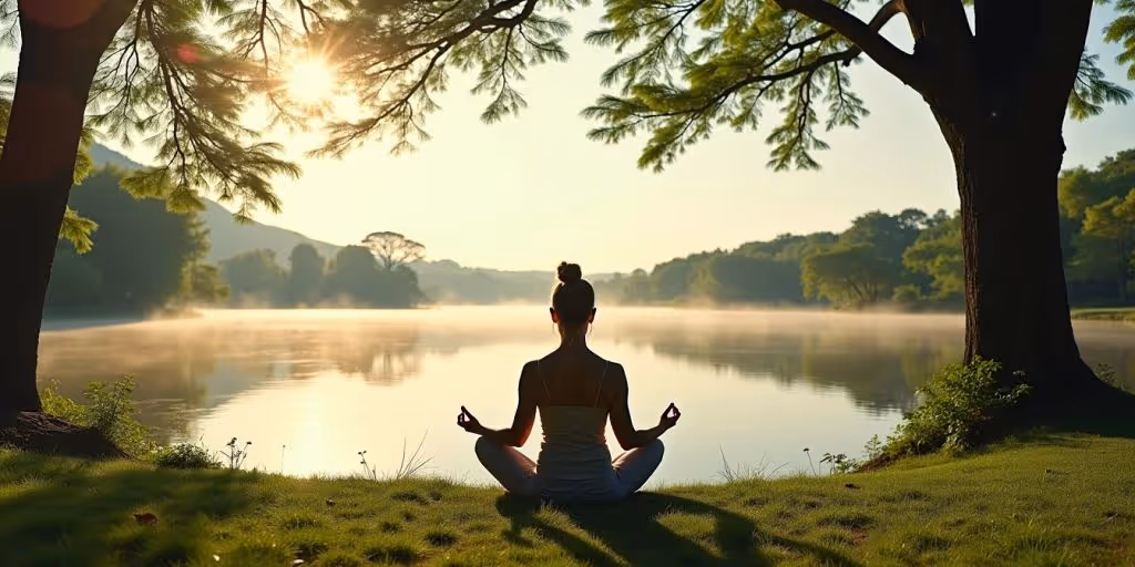 Personne méditant au bord d'un lac paisible.