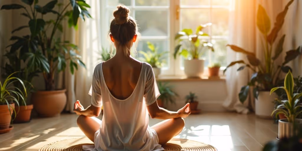 Personne méditant dans une pièce lumineuse et apaisante.