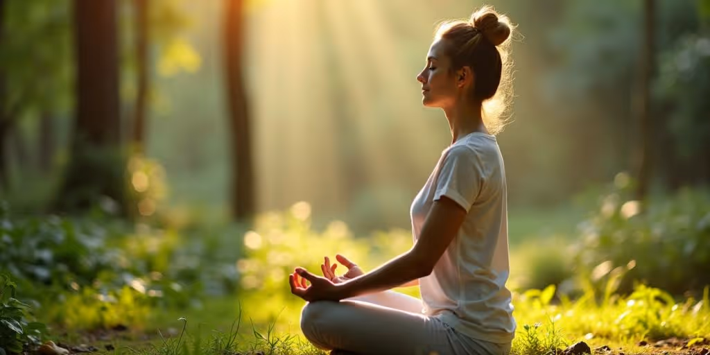 Personne méditant dans la nature, entourée de verdure.