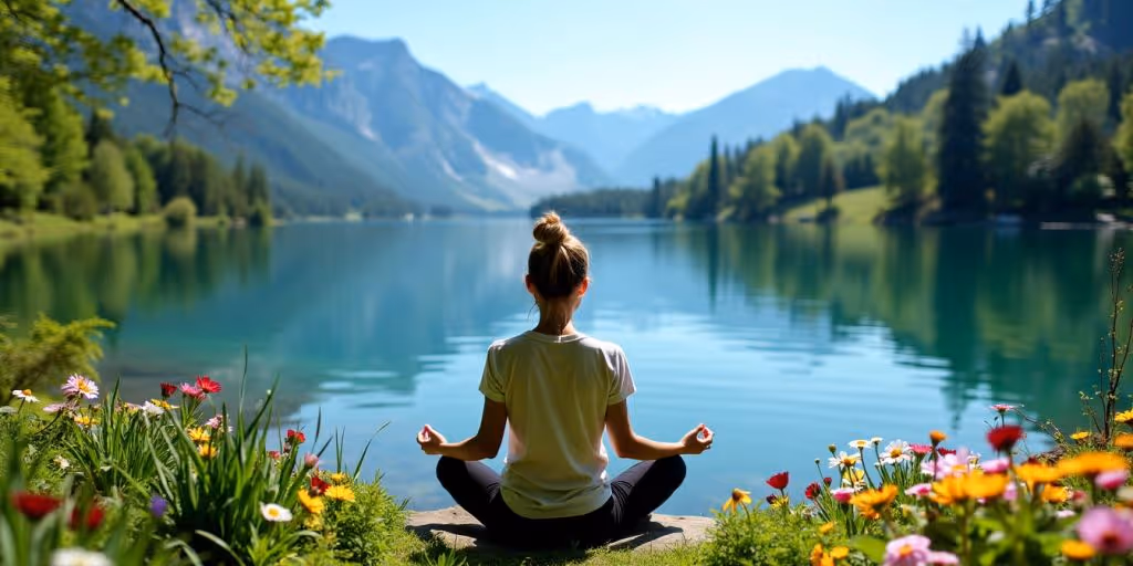 Personne méditant au bord d'un lac paisible.