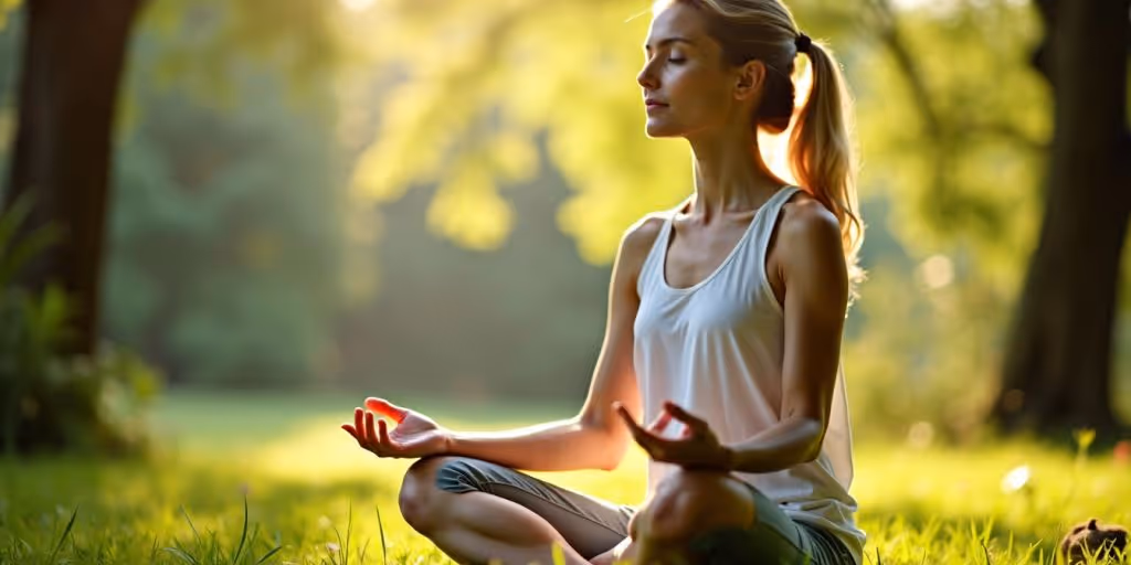 Personne méditant dans un cadre naturel lumineux.