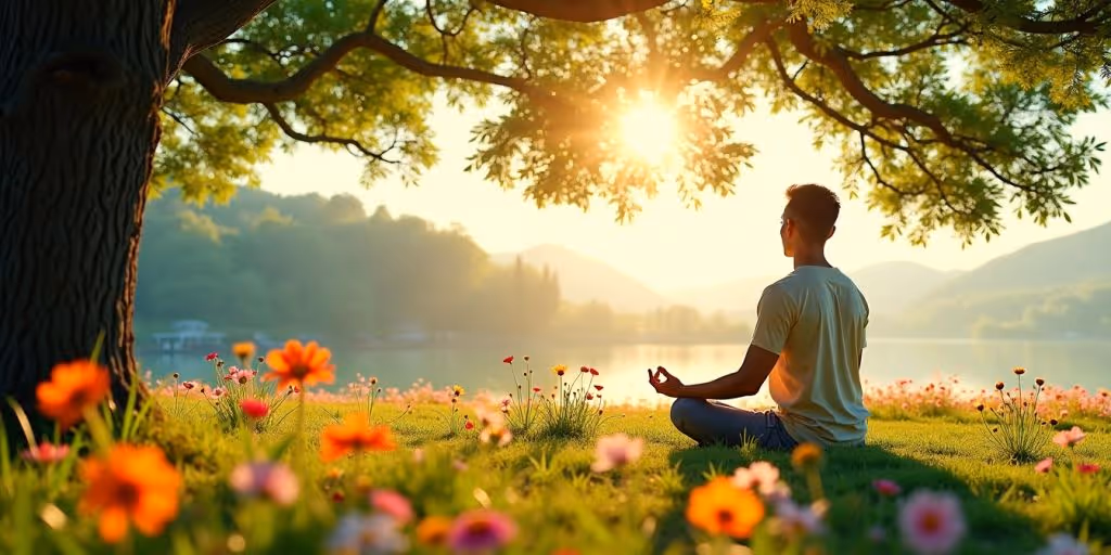 Personne méditant dans un paysage paisible.
