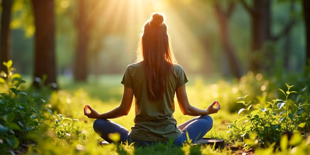 Personne méditant dans la nature, entourée de verdure.