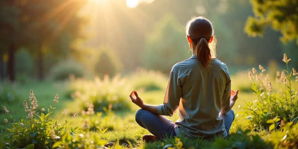 Personne méditant dans la nature, entourée de verdure.