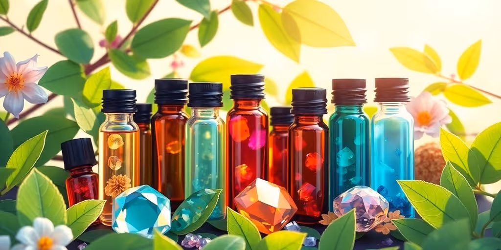 Bouteilles de gemmothérapie entourées de feuilles vertes.