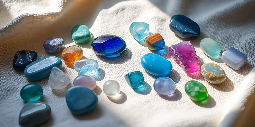 Arrangement de pierres colorées sur un tissu doux.