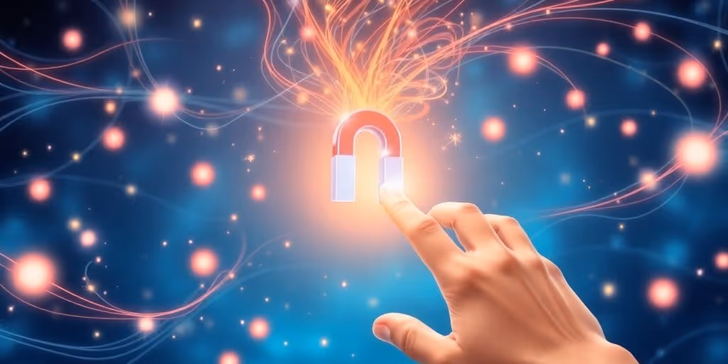 Main d'homme interagissant avec un aimant lumineux.