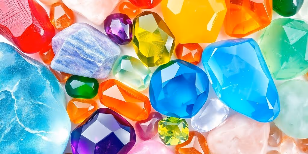 Arrangement de pierres et cristaux colorés et brillants.