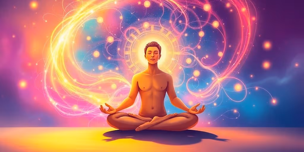 Personne méditant avec une énergie vibrante autour.