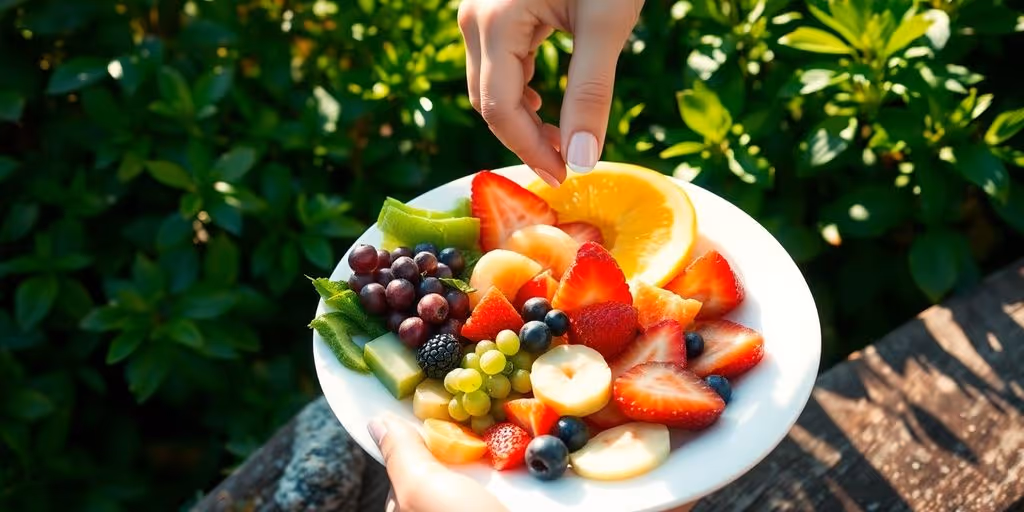 Assiette colorée de fruits et légumes frais.