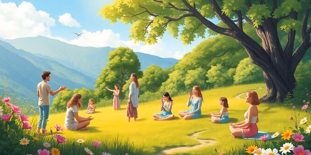 Groupe de personnes pratiquant la médecine anthroposophique en nature.