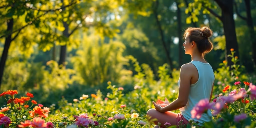 Personne méditant dans la nature, entourée de fleurs.