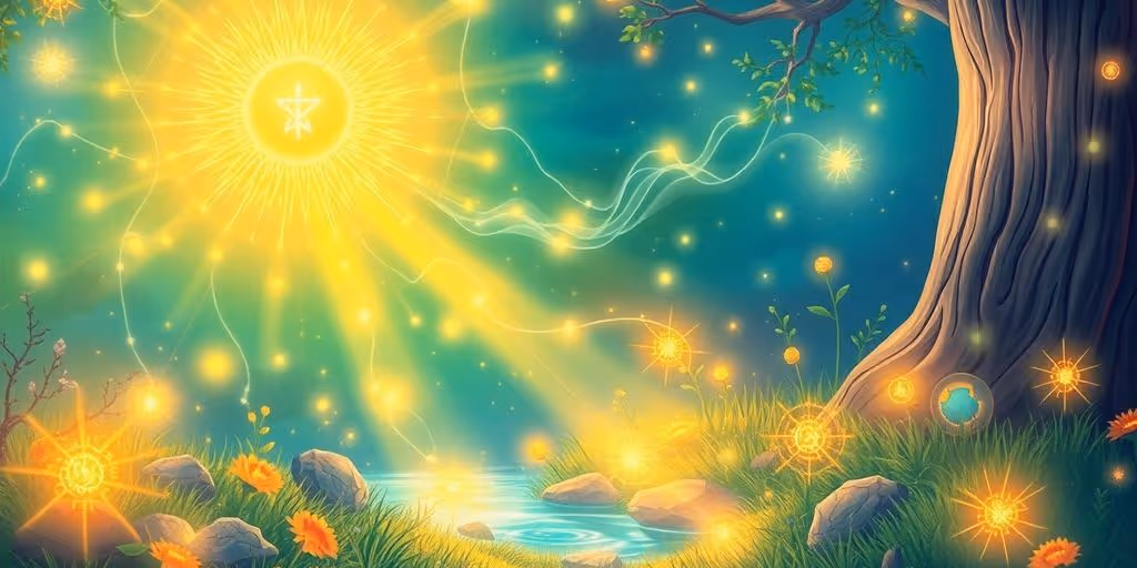 Illustration d'énergies subtiles dans un paysage serein.