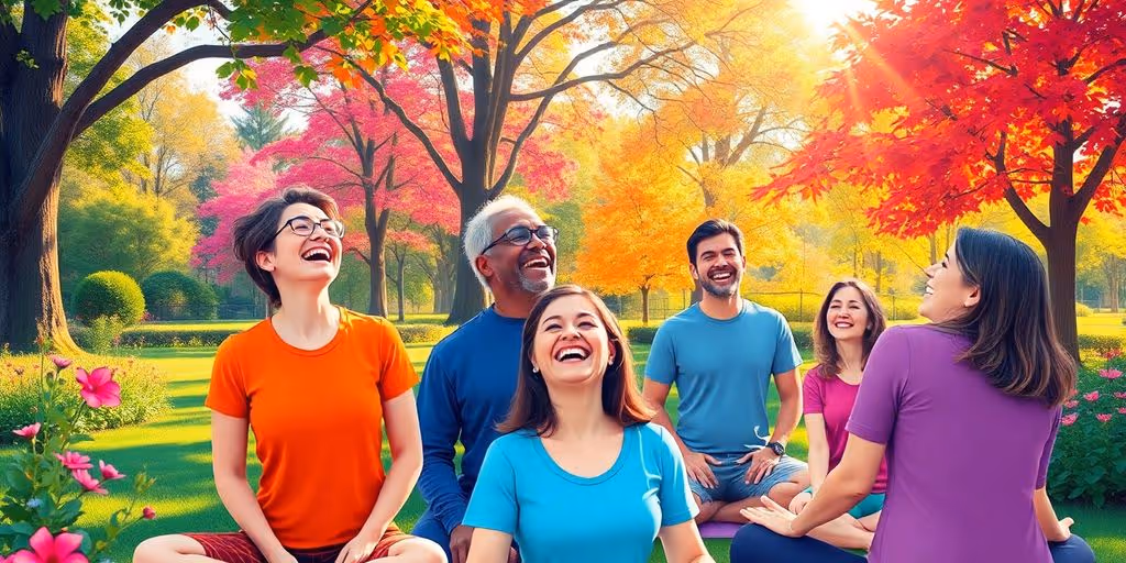 Groupe de personnes riant ensemble en pleine nature.