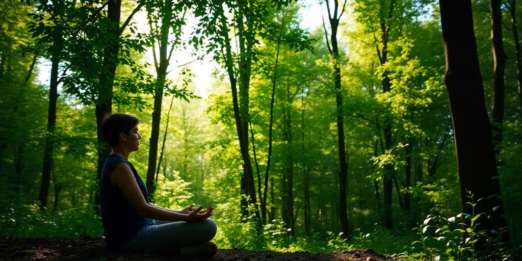 Personne méditant dans une forêt lumineuse et verdoyante.