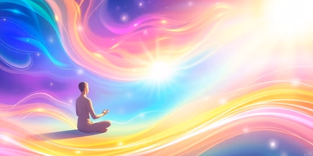 Personne méditant avec des vagues d'énergie lumineuses.