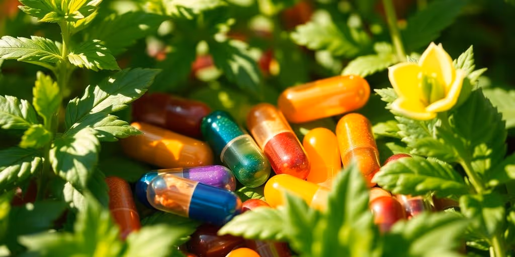 Capsules de microdosage entourées de plantes vertes.